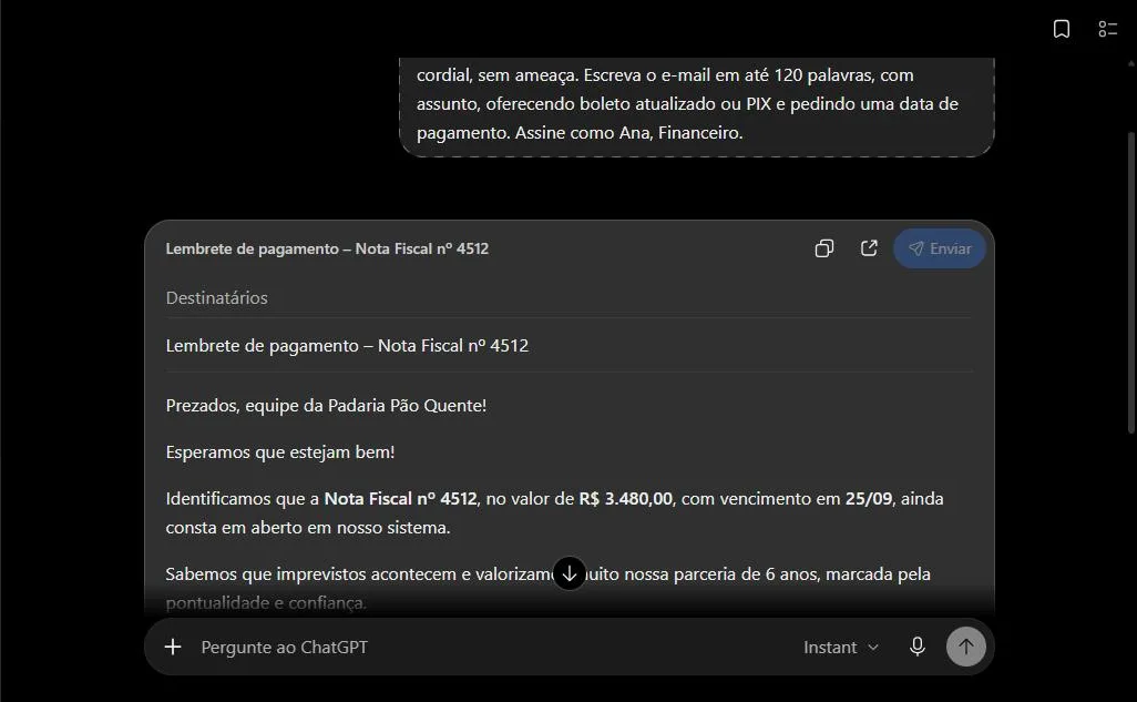 Resposta pronta para enviar: assunto, nota, valor, vencimento, parceria de 6 anos e as duas formas de pagamento.