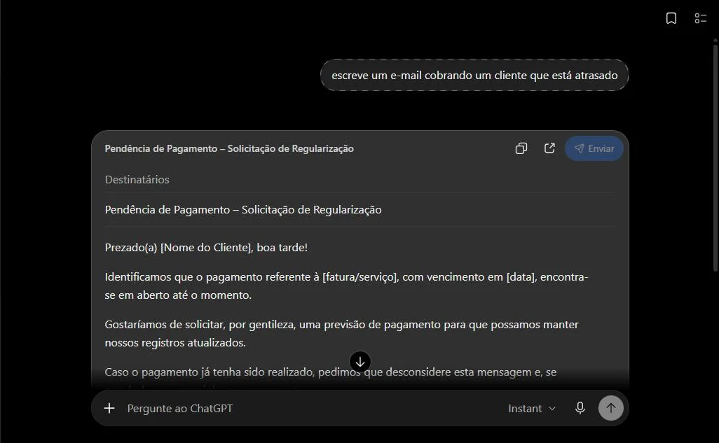 Resposta genérica: [Nome do Cliente], [fatura/serviço], [data]. Você ainda tem todo o trabalho.