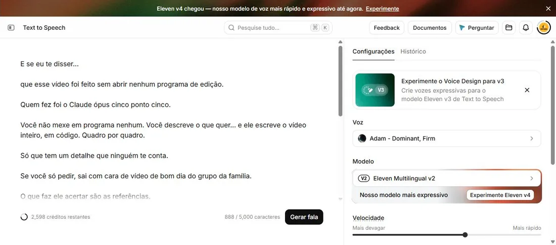 O texto da narração do nosso Reel. Repare em "ópus cinco ponto cinco" escrito por extenso.